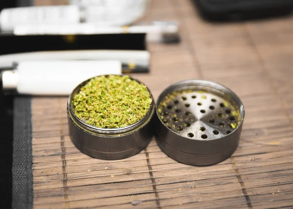 Ground Cannabis Steel Grinder Been Opened Set Table Placemat Lighter — Stock Photo, Image