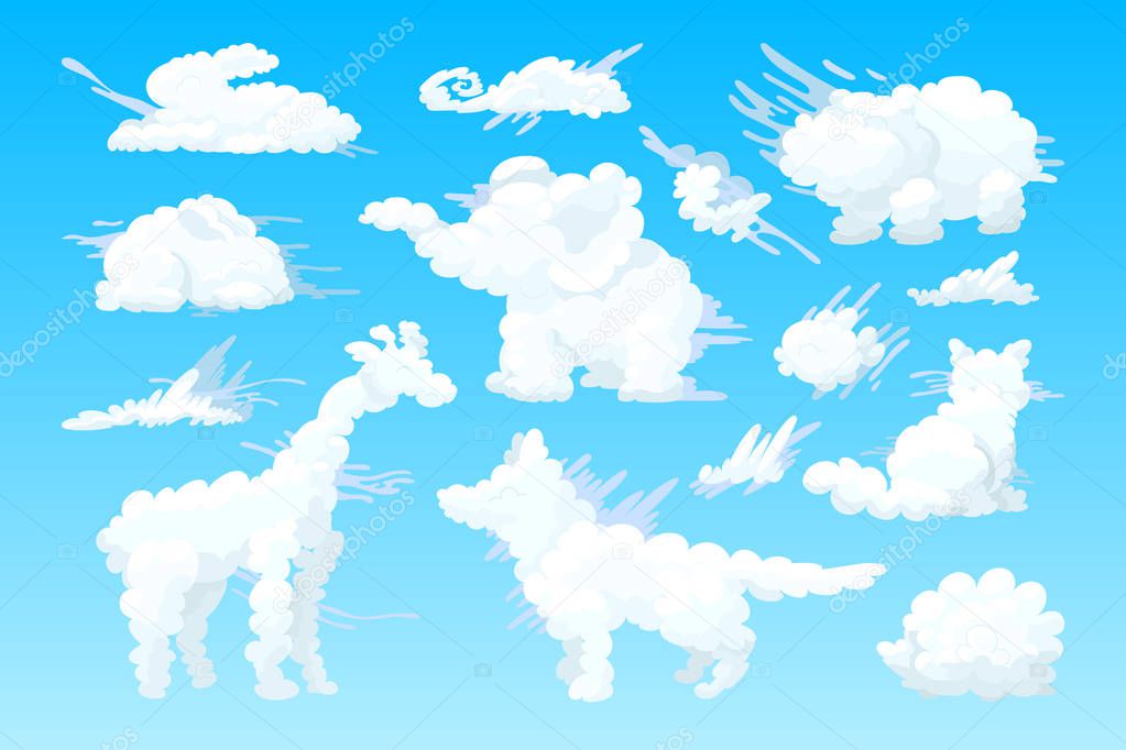 vector animal shaped cloud. Cartoon cloudy sky set