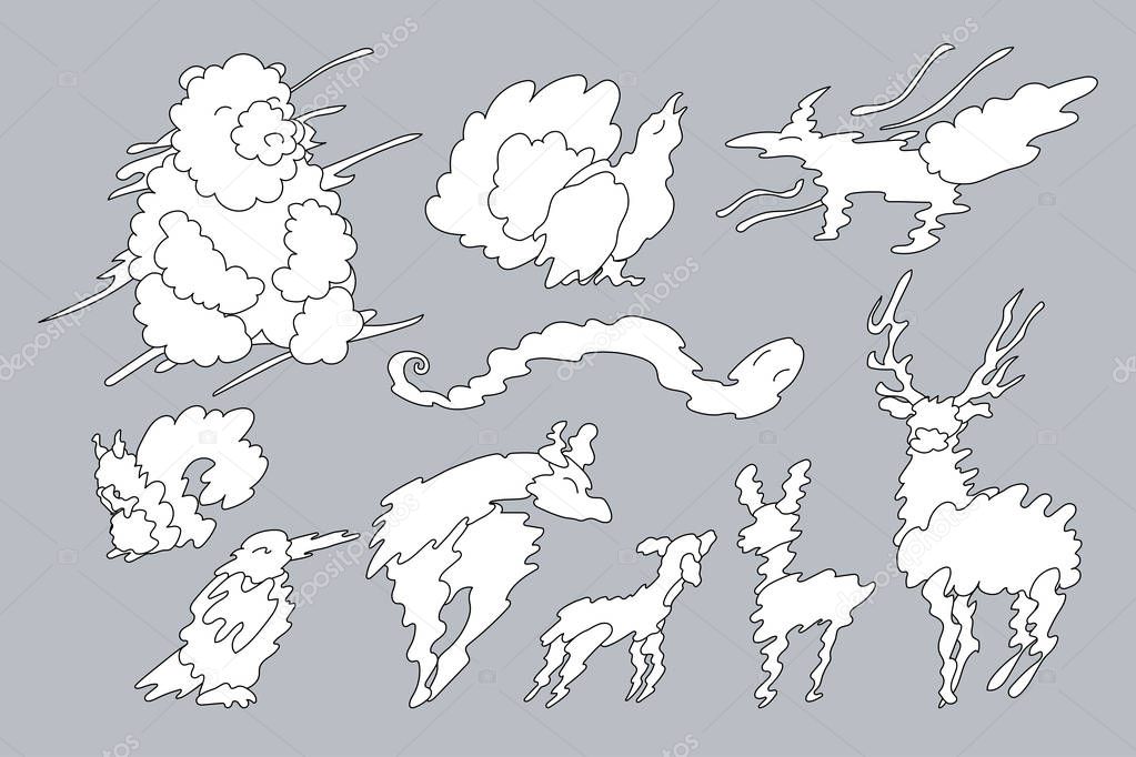 vector animal shaped cloud. Cartoon linear set 