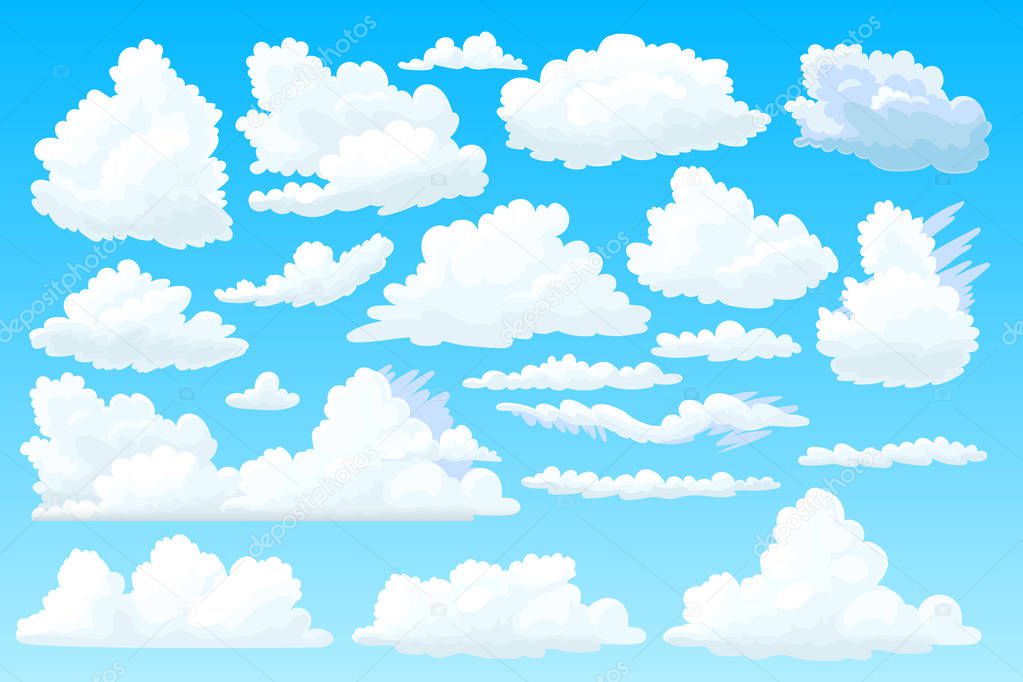vector shaped fluffy cloud. Cartoon cloudy sky set