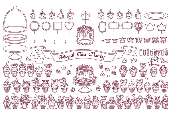 Vector Royal Tea Party Concept Zoete Dessert Set — Stockvector