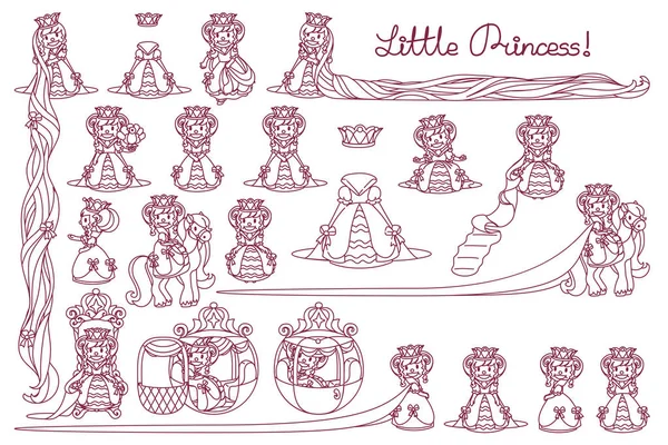 Vector Little Princess Set Line Queen Collection — Stock Vector