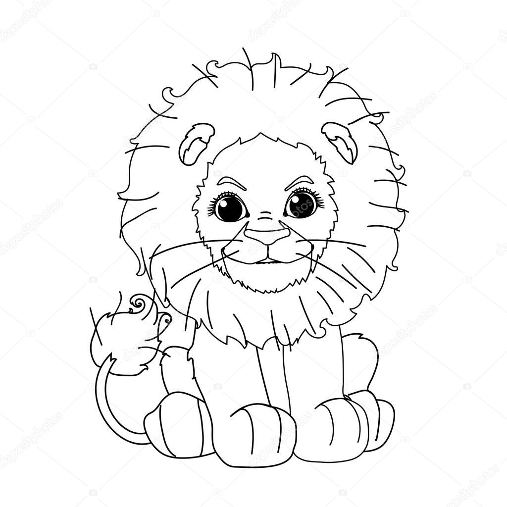Vector line cartoon animal clip art cute little lion