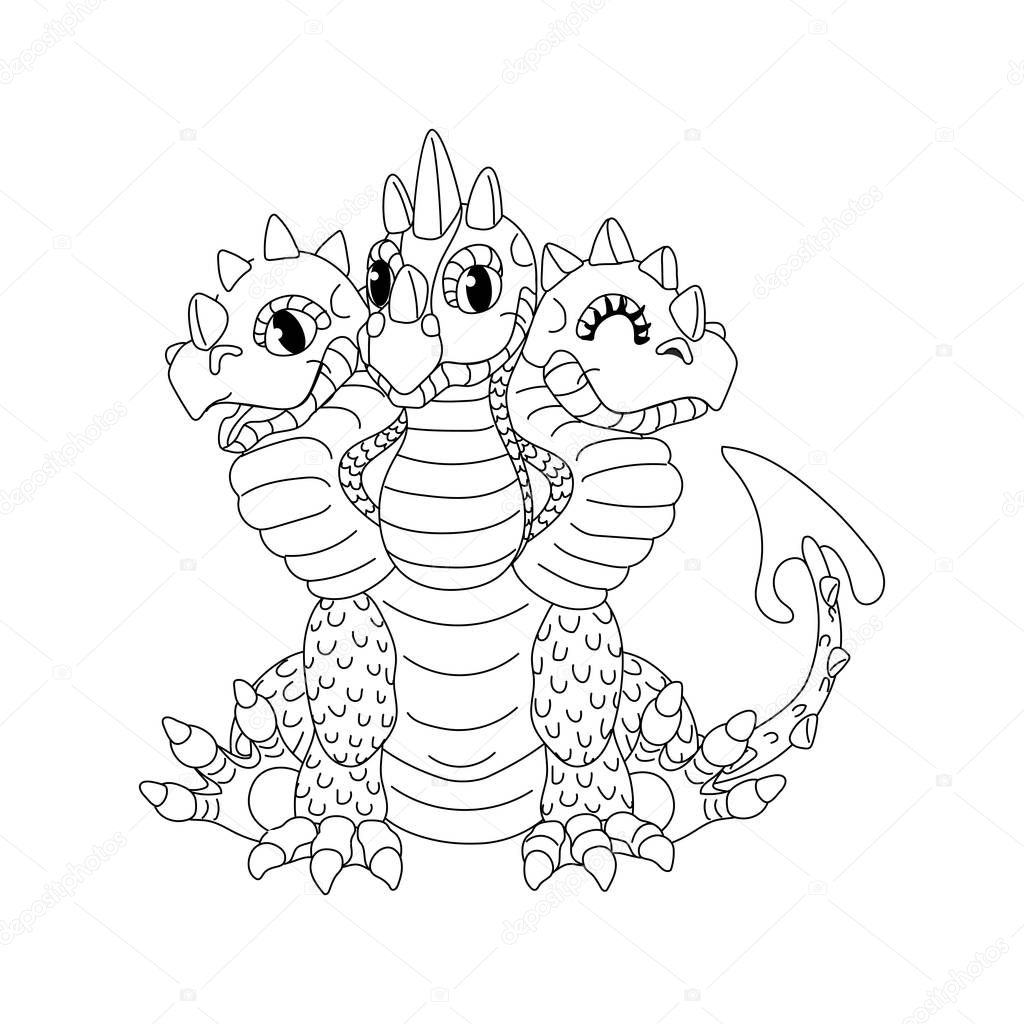 Vector line cartoon animal clip art 3 headed red dragon