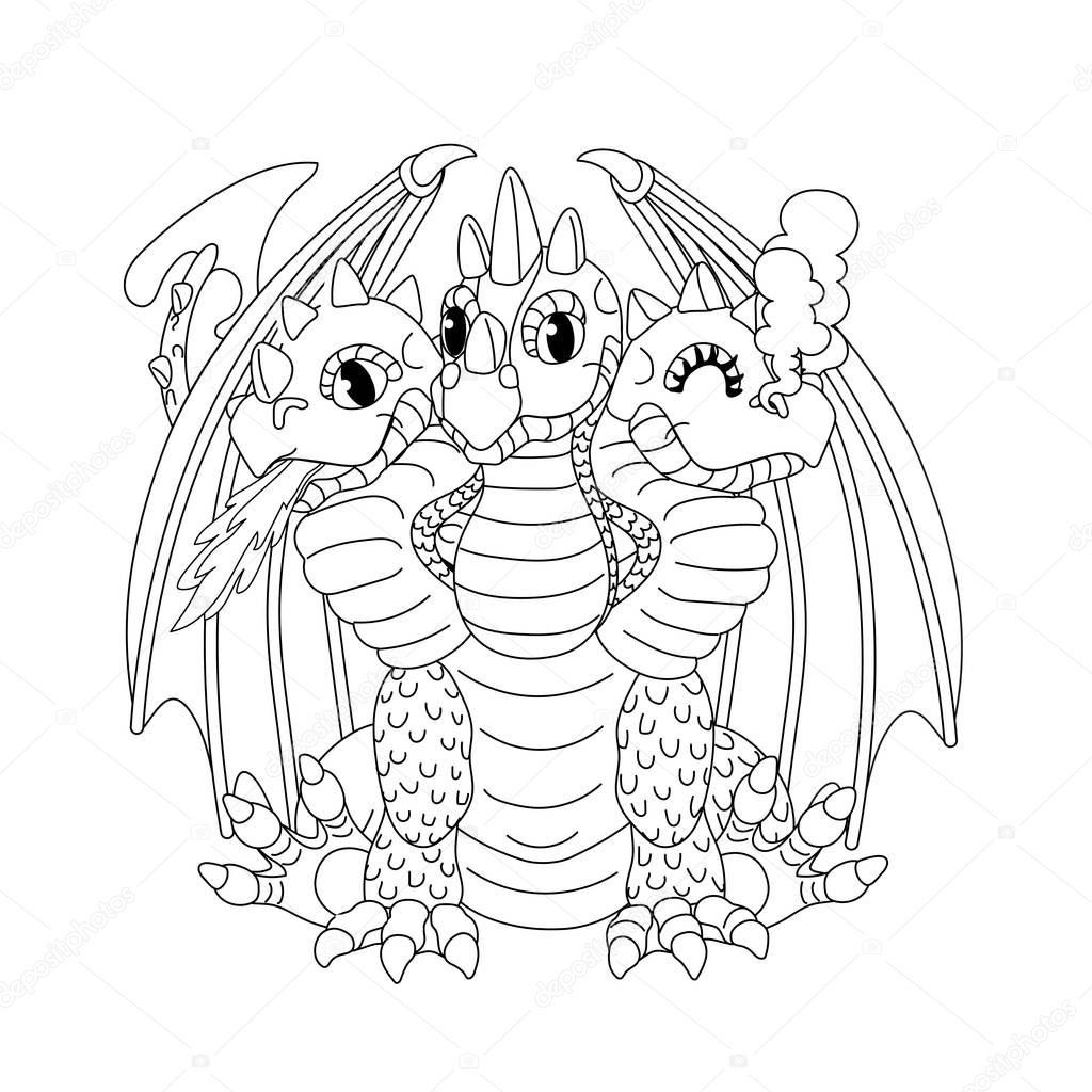 Vector line cartoon animal clip art 3 headed red dragon