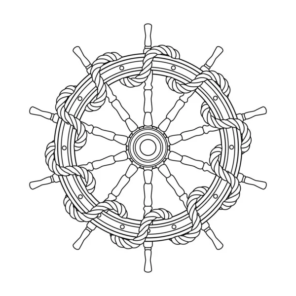 Vektör siyah, beyaz halat tekne çarkı, gemi tekerleği dümen — Stok Vektör