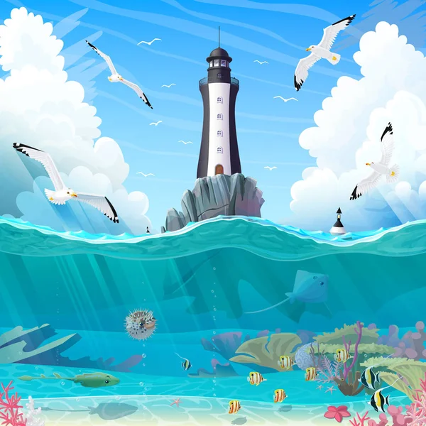 Vettoriale cartone animato faro mare clipart — Vettoriale Stock