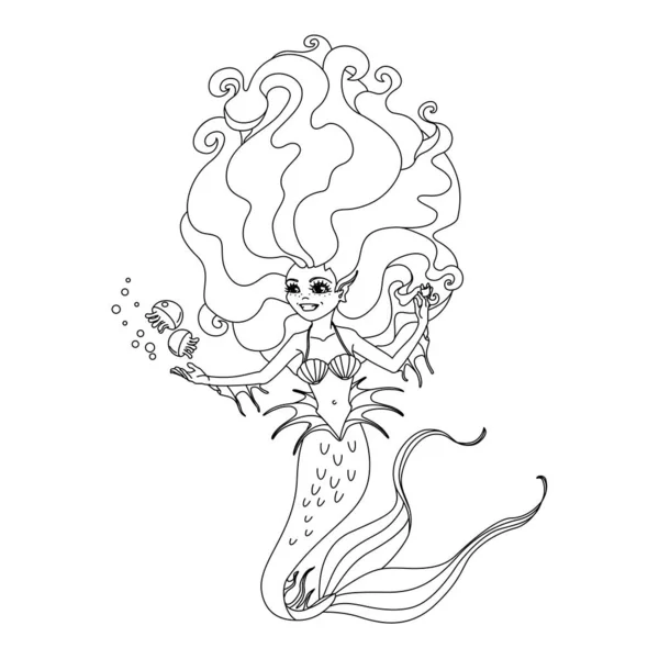 Vector black, white outline cartoon cute mermaid — Stock Vector