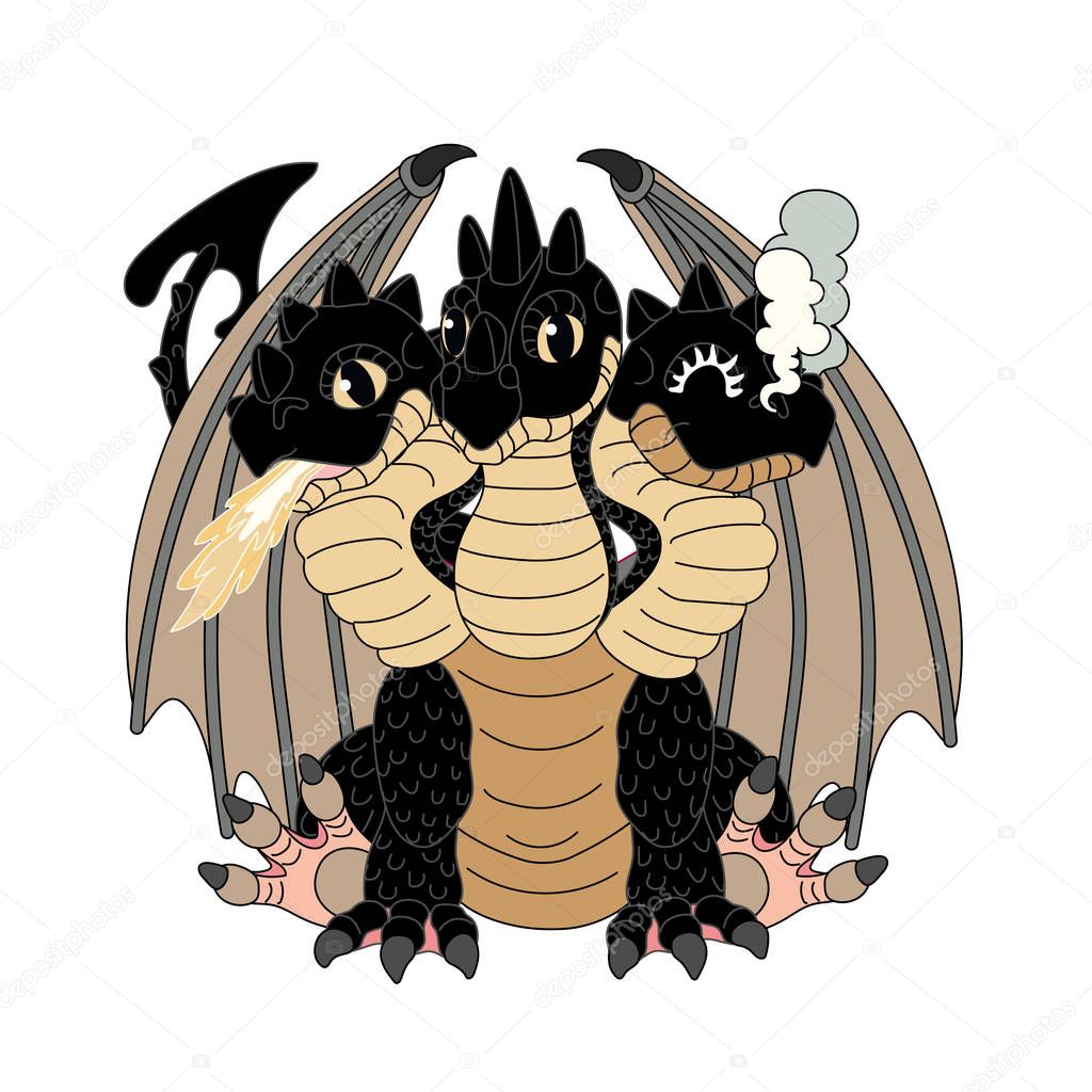 Vector scandi cartoon animal clip art 3 headed red dragon