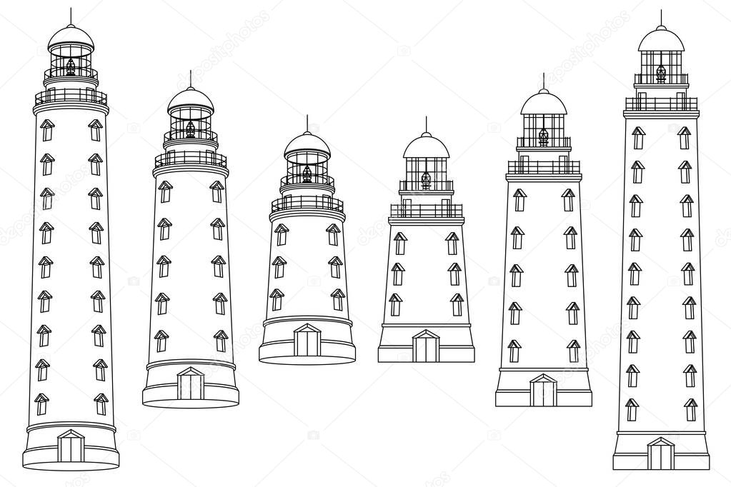 vector black, white outline Lighthouse beacon set