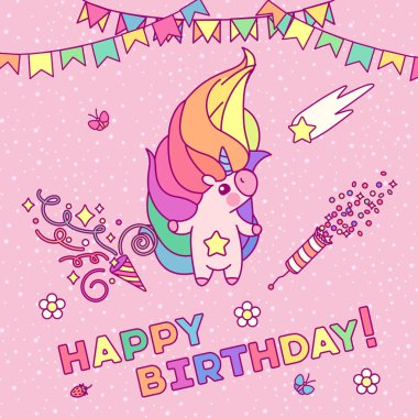 vektör Happy Birthday Unicorn kart şablonu