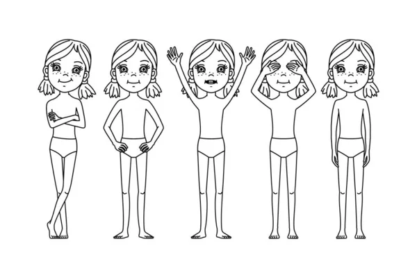 Vector Dibujos Animados Chica Personaje Conjunto Posando Aislado — Archivo Imágenes Vectoriales