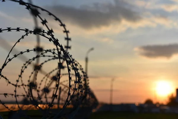 Recinzione Filo Spinato Sulla Recinzione Sfondo Tramonto — Foto Stock