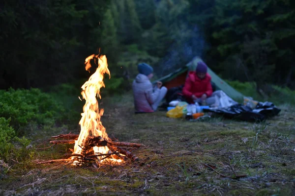 şenlik ateşi akşam orman kampında çadır
