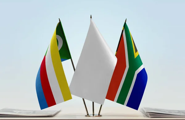 Comores République Afrique Sud Drapeaux Blancs Sur Stand Avec Des — Photo