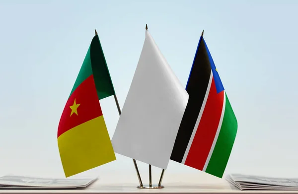 Kamerun Sydsudan Och Vita Flaggor Monter Med Papper — Stockfoto