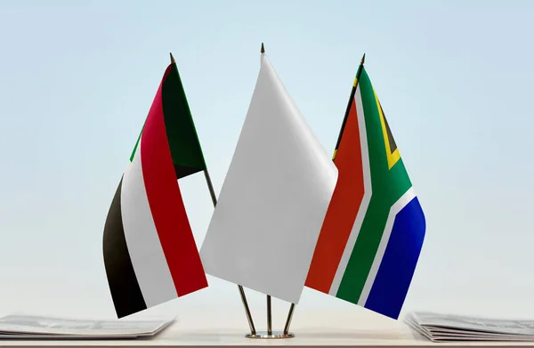 Sudan Rsa Steagul Alb Stand Hârtii — Fotografie, imagine de stoc