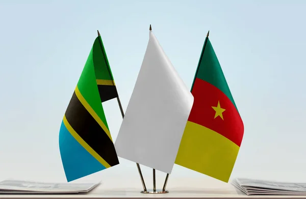 Tanzania Kamerun Och Vit Flagga Stativ Med Papper — Stockfoto