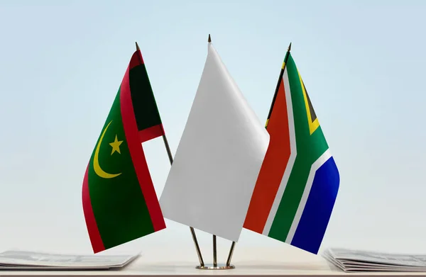 Mauritanie République Afrique Sud Drapeaux Blancs Sur Stand Avec Des — Photo