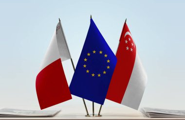  Malta Singapur ve eu bayrakları kağıtlarla ayakta