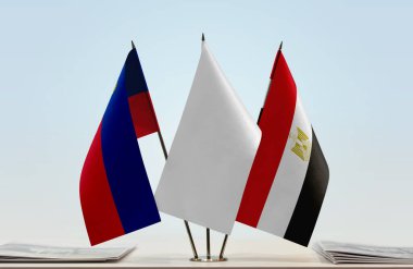 Lihtenştayn ve Mısır bayrakları kağıtlarla ayakta   