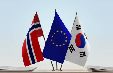 Norveç Güney Kore ve eu bayrakları kağıtlarla ayakta