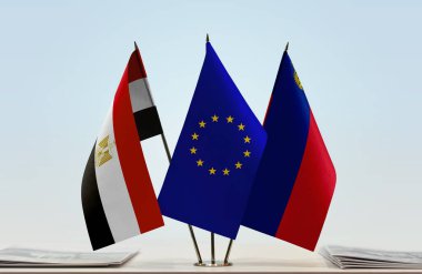 Lihtenştayn ve Mısır bayrakları kağıtlarla ayakta   