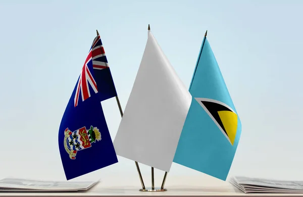 Islas Caimán Santa Lucía Banderas Blancas Stand Con Papeles — Foto de Stock