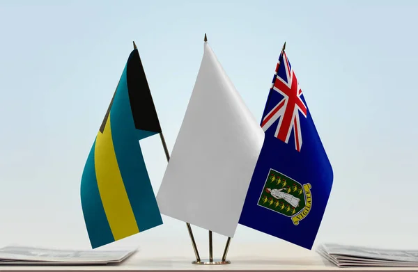 Bahama Britse Maagdeneilanden Witte Vlaggen Standaard Met Papieren — Stockfoto