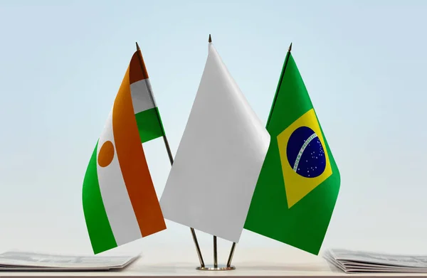 ニジェールとブラジルの国旗が紙で立っている — ストック写真