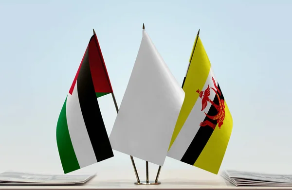 Palästina Brunei Und Weiße Flaggen Stand Mit Papieren — Stockfoto
