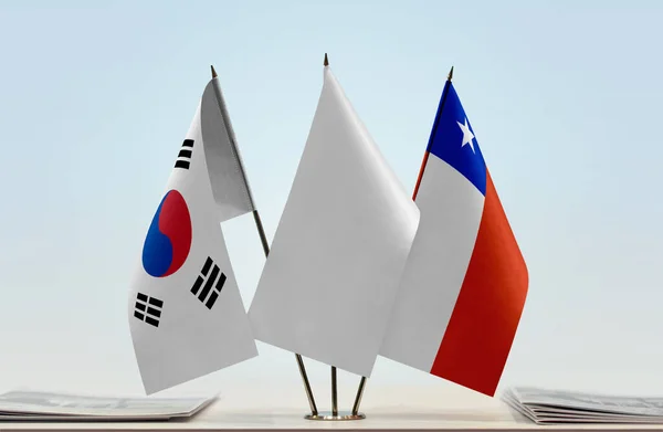 Güney Kore Şili Bayrakları Tezgahta — Stok fotoğraf