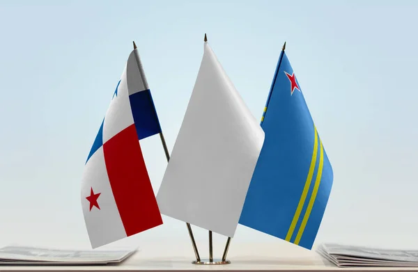 Panama Aruba Drapeaux Blancs Sur Stand Avec Des Papiers — Photo