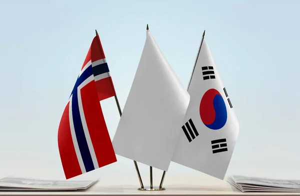 Güney Kore Norveç Bayrakları Kağıtlarla Ayakta — Stok fotoğraf