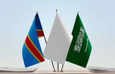 Republic of Congo, Saudi Arabia and white flags on stand with papers    clipart