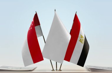 Mısır ve Singapur bayrakları kağıtlarla ayakta  