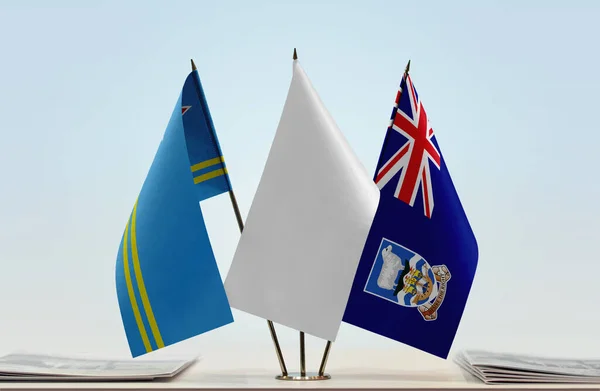 Islas Malvinas Aruba Banderas Blancas Stand Con Papeles — Foto de Stock