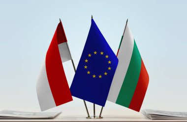 Bulgaristan ve eu bayrakları kağıtlarla ayakta  