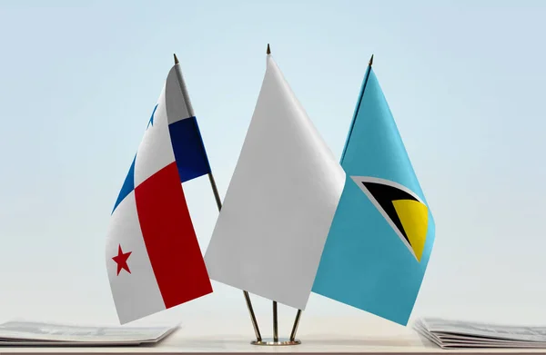 Saint Lucia Panama Och Vita Flaggor Monter Med Papper — Stockfoto