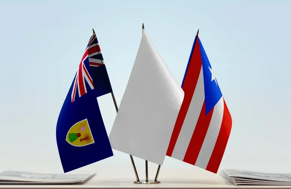 Turks Caicos Islands Puerto Rico Zászlók Állványon Papírokkal — Stock Fotó
