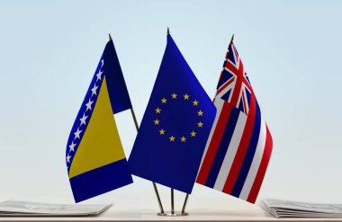 Hawaii, BH ve Avrupa Birliği bayrakları kağıtlarla birlikte beklemede  