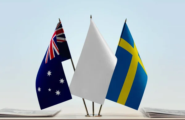 Austrálie Švédsko Bílé Vlajky Stojanu Papíry — Stock fotografie