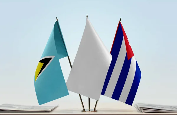 Drapeaux Sainte Lucie Cuba Barre Avec Des Papiers — Photo
