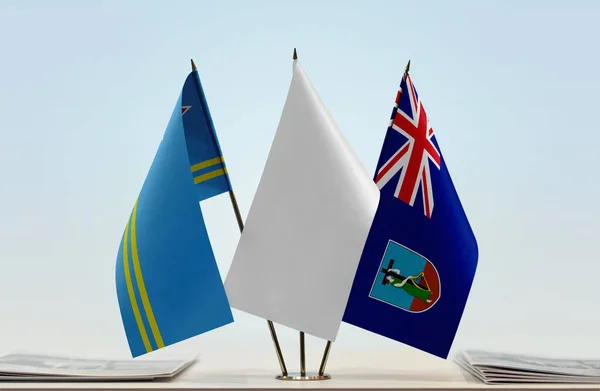 Aruba Montserrat Banderas Blancas Stand Con Papeles — Foto de Stock