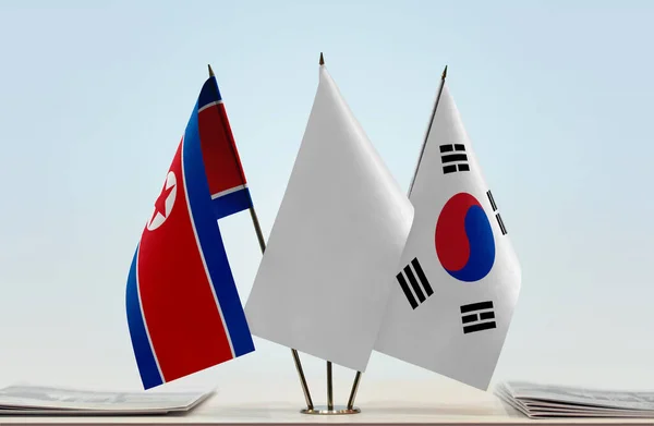 North Koreal South Korea White Flags Stand Paper — 스톡 사진