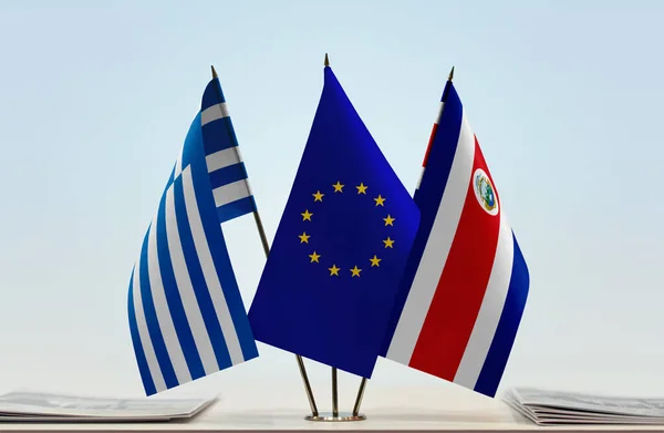 Grèce Costa Rica Drapeau Barre Avec Papiers — Photo