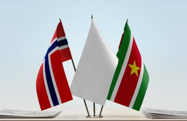 Surinam ve Norveç bayrakları kağıtlarla ayakta  