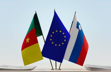 Kamerun ve eu bayrakları kağıtlarla ayakta