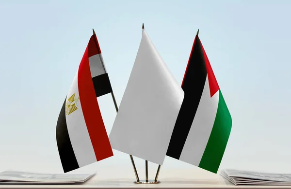Египет Палестина Белые Флаги Стенде Газетами Столе — стоковое фото