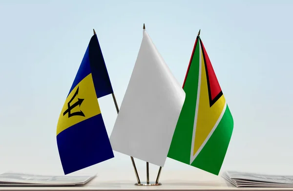 Barbados Guyana White Flags Stand Papers — Stock Photo, Image